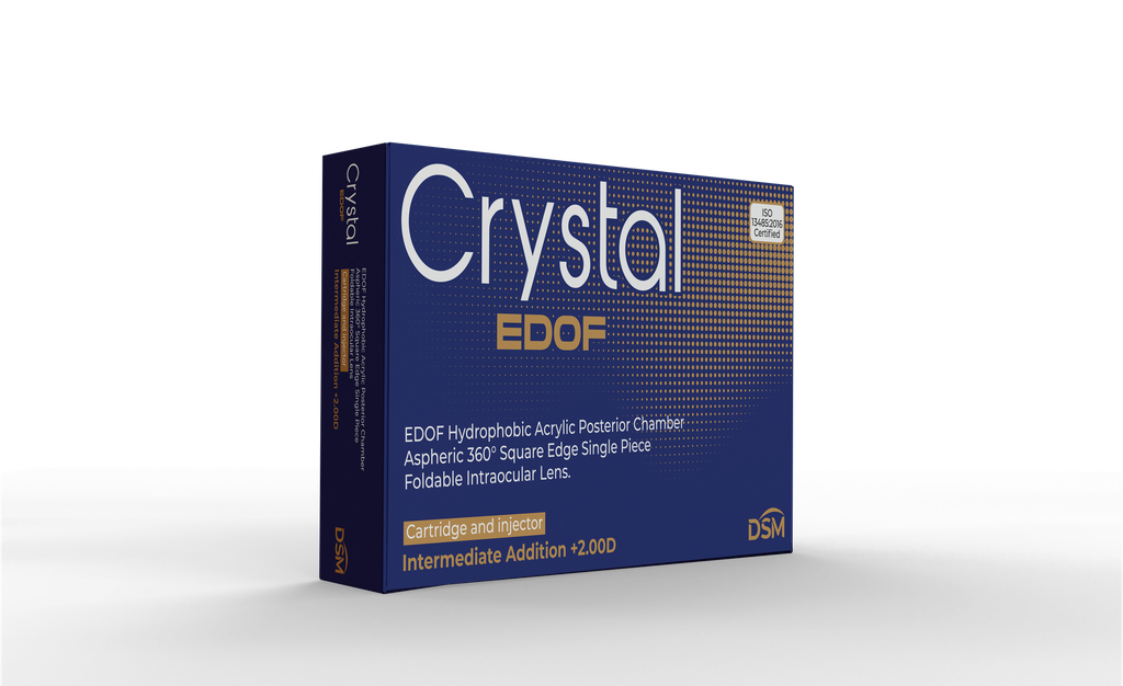  Crystal EDOF, Lente intraocular plegable de una sola pieza con borde cuadrado de 360°, de acrílico hidrofóbico, cámara posterior, adicción intermedia +2,00 D (cartucho e inyector)