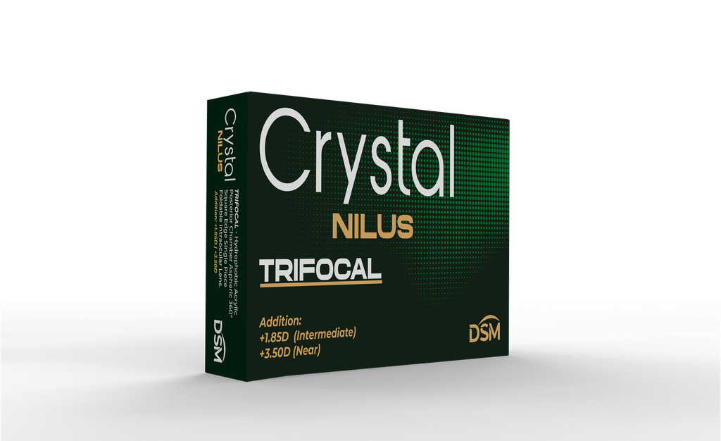 Crystal NILUS Lente intraocular plegable de una sola pieza, de acrílico, trifocal, asférica, y cámara posterior hidrofóbica Equiconvexo - Borde cuadrado de 360° con óptica refractiva y difractiva 6,00mm, tamaño completo: 13,00mm, constante 118.4, Adición cercana: +3,5D, Adición intermedia: +1.85D. Índice de refracción: 1,493 JMHTF6030