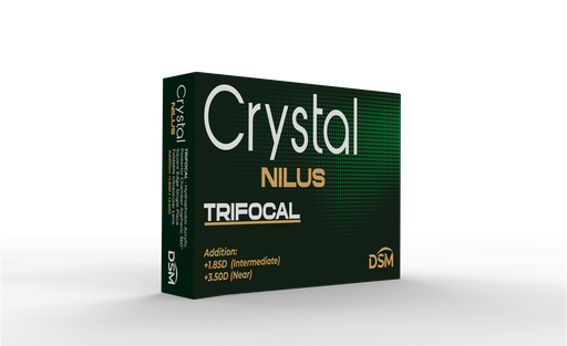 Crystal NILUS Lente intraocular plegable de una sola pieza, de acrílico, trifocal, asférica, y cámara posterior hidrofóbica Equiconvexo - Borde cuadrado de 360° con óptica refractiva y difractiva 6,00mm, tamaño completo: 13,00mm, constante 118.4, Adición cercana: +3,5D, Adición intermedia: +1.85D. Índice de refracción: 1,493 JMHTF6030