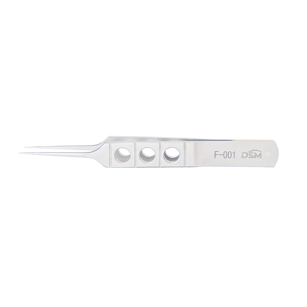 F-001   Pinzas Dentadas Recta con plataformas de atar, mango plano 85 mm, 0.12 mm, 1 x 2 dientes