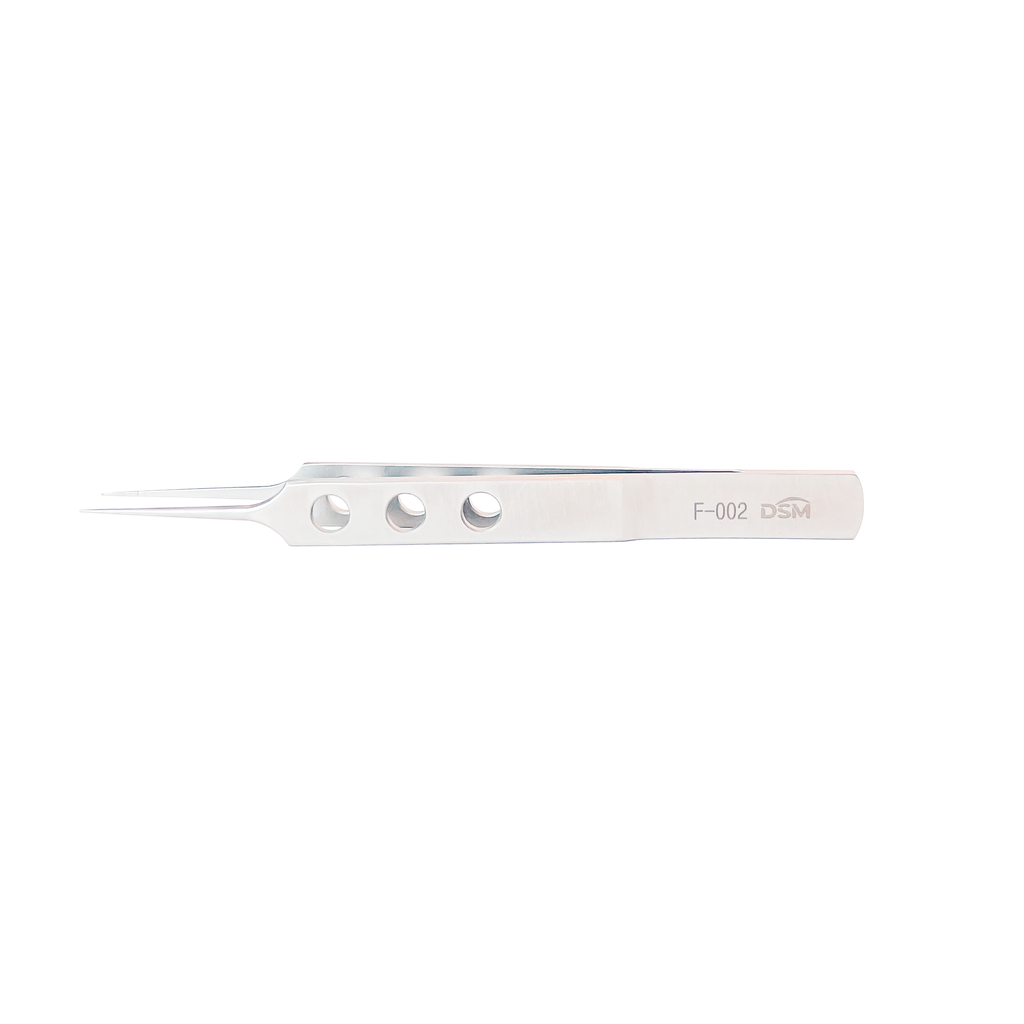 (F-002 Toothed Forceps 105mm, 0.12mm 1 x 2 teeth, straight with tying platforms, flat handle