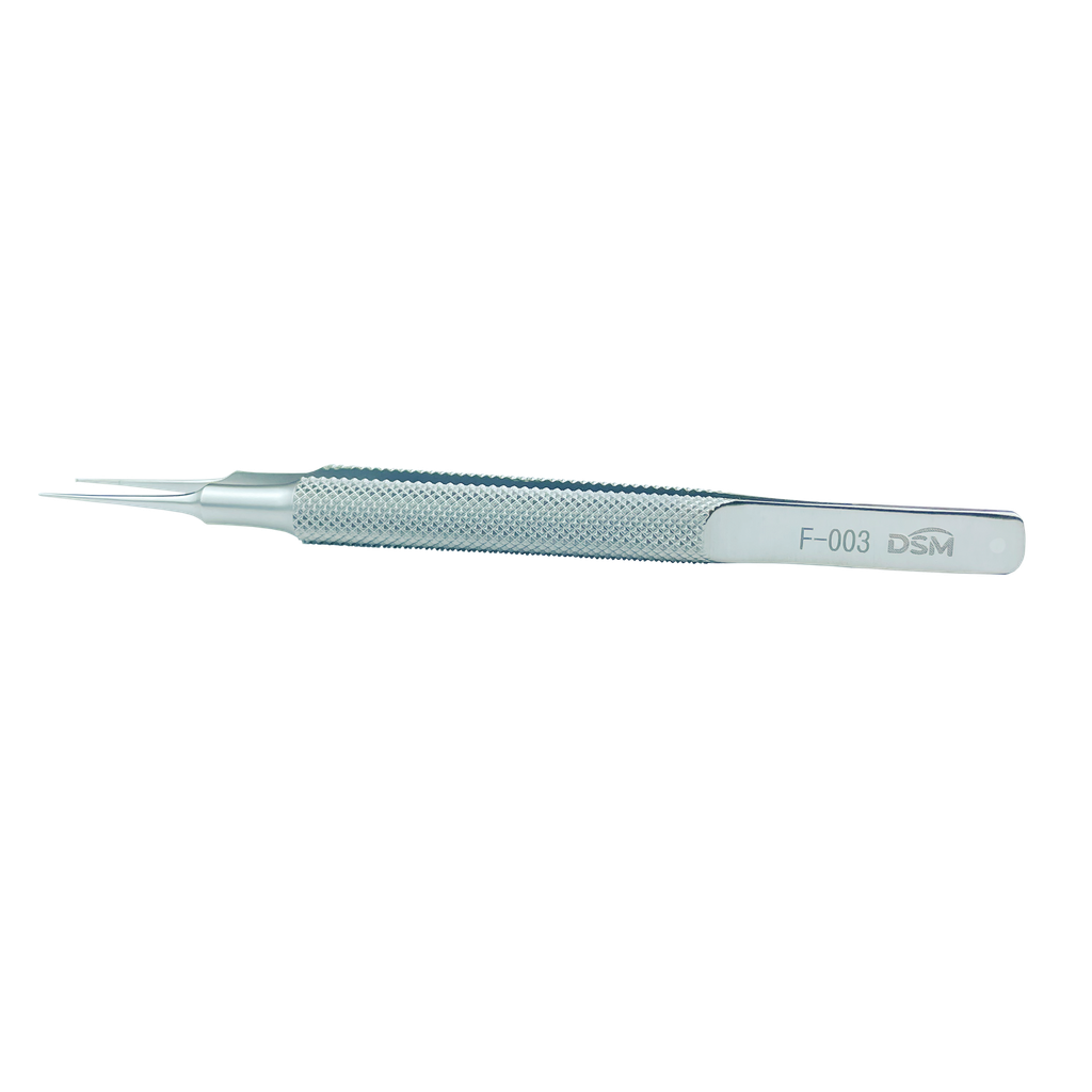 F-003 Toothed Forceps 105mm, 0.12mm 1 x 2 teeth, straight with tying platforms, round handle