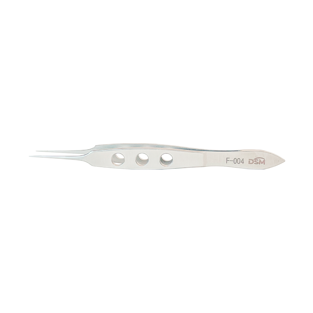 F-004 Toothed Forceps 105mm, 0.12mm 1 x 2 teeth, straight with tying platforms, flat handle