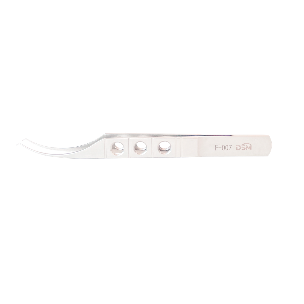 F-007 Pinza Dentada Colibri Curva con plataformas de atar, mango plano 110 mm, 0.12 mm, 1 x 2 dientes