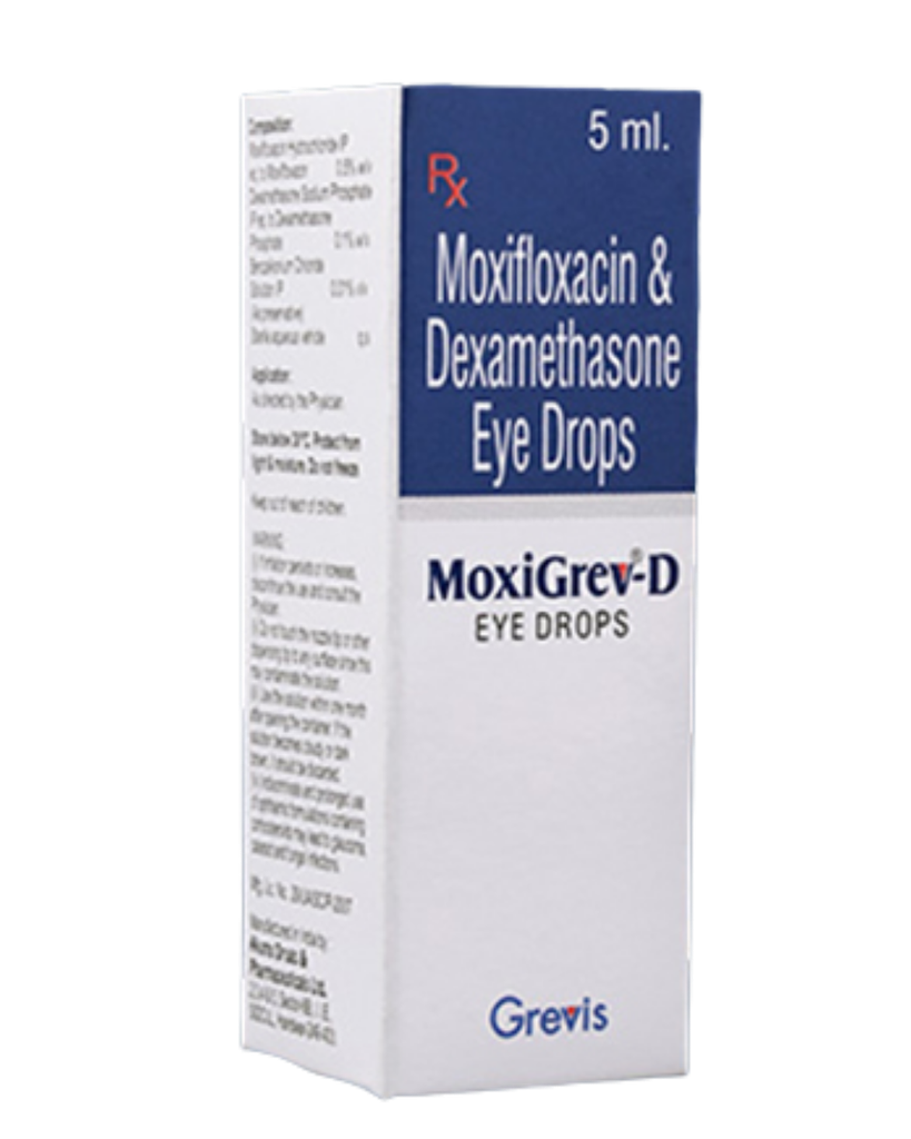 Moxifloxacin with dexamethasone eye drops 0.5%-0.01% w/v 5 ml (MOXIGREV-D). Greivis Pharma.