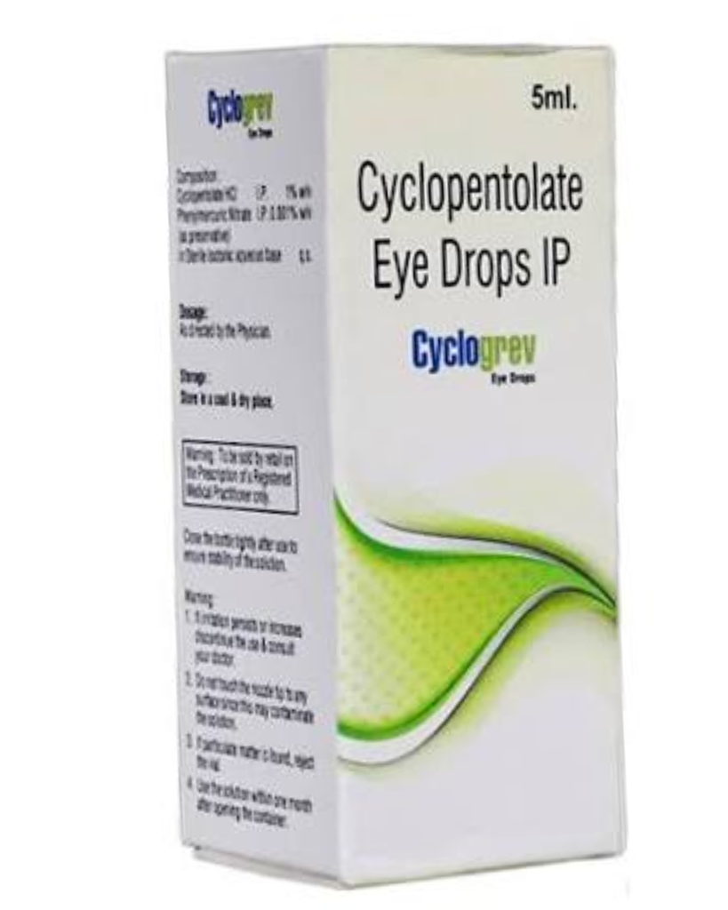 Cyclopentolate IP eye drops 1% w/v 5 ml (CyCLOGREV). Greivis Pharma.