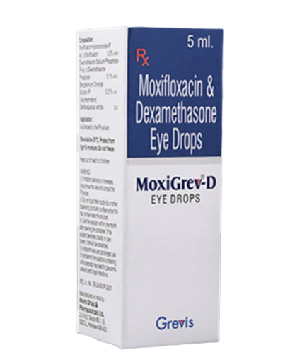 Moxifloxacina con dexametasona gotas oftálmicas al 0,5%-0,01% w/v 5 ml (MOXIGREV-D). Greivis Pharma.