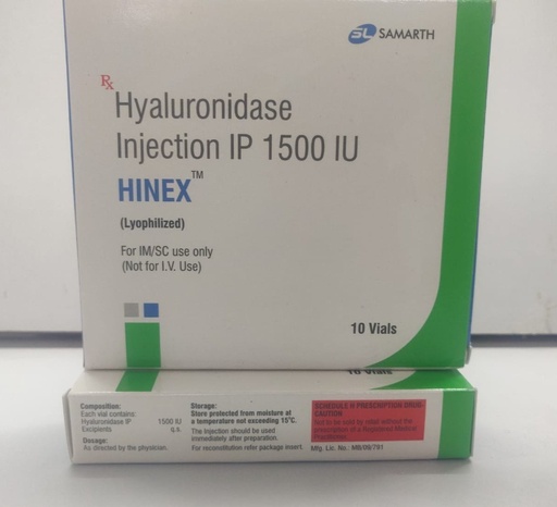 Hyaluronidase in vial for injection, 1500 IU ampoule, box of 10. Hinex